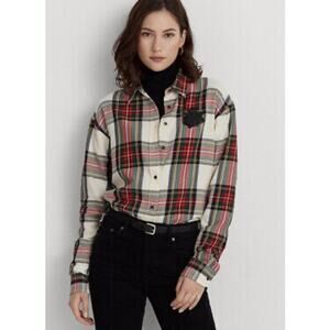 Lauren Ralph Lauren Buillion Check Beaded Crest Holiday Plaid Shirt XL
